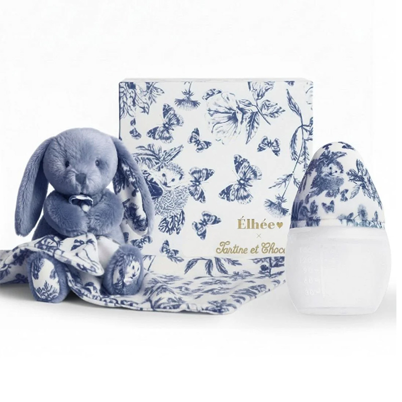 Coffret Biberon BibRond 150 ml et Doudou - Toile de Jouy Bleu