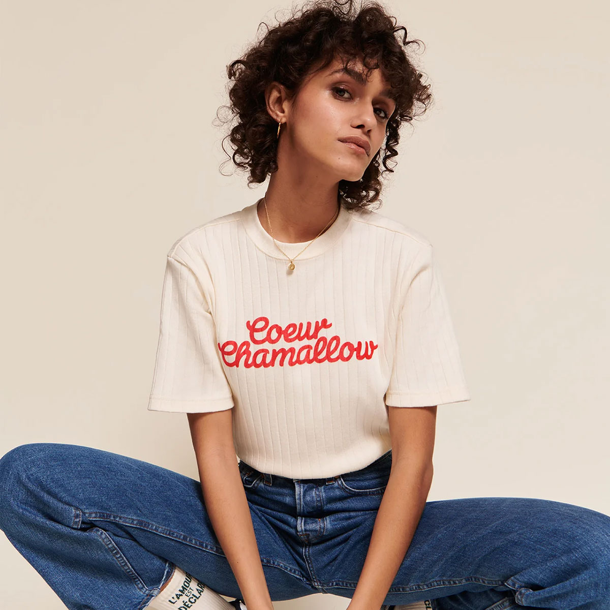 T-shirt Coeur Chamallow Crème Femme - L