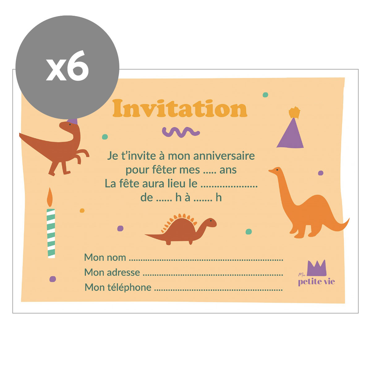 Ma petite vie Lot de 6 Cartes d'Invitation Anniversaire Dinosaures