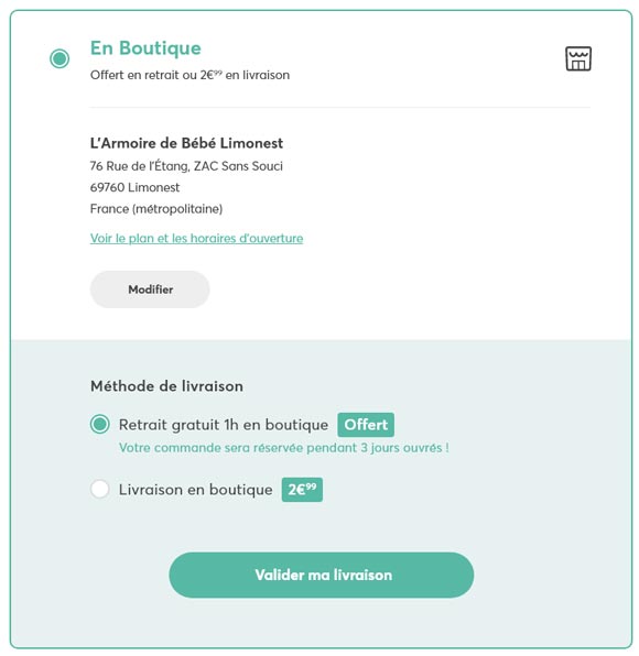 Réservation en ligne et retrait immédiat à la boutique L'Armoire de Bébé