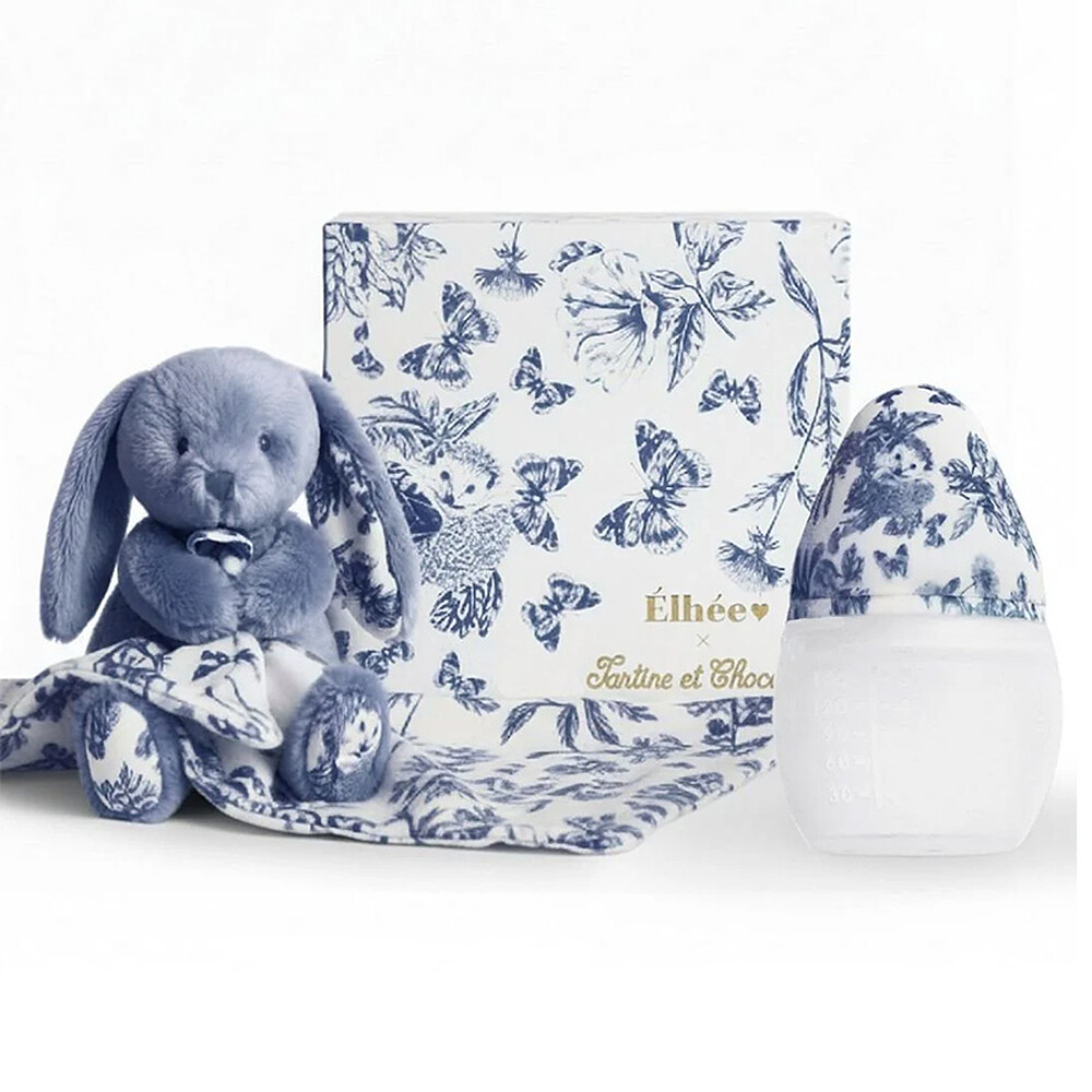 Coffret Biberon BibRond 150 ml et Doudou - Toile de Jouy Bleu Elhée