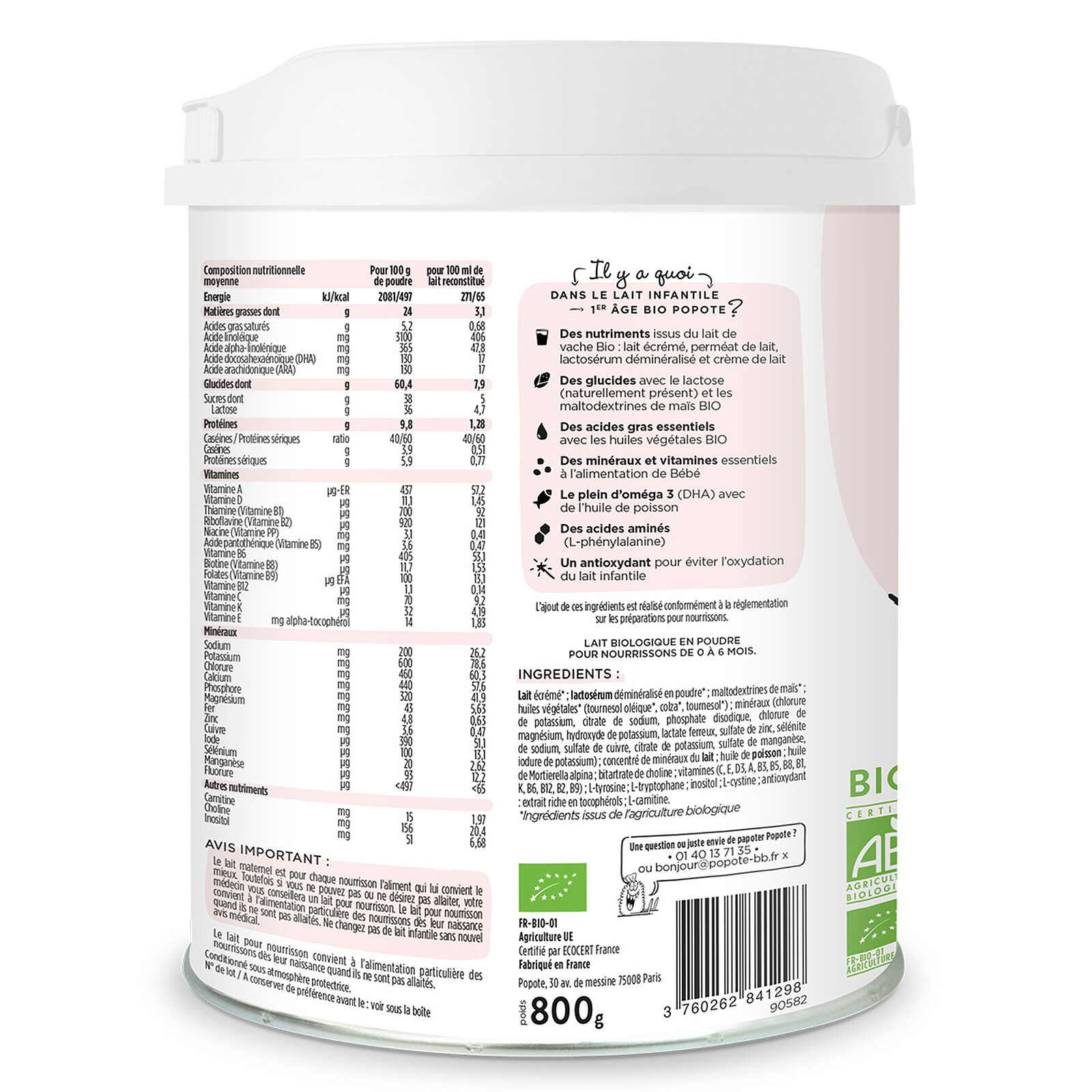 Lait 1er Âge Bio - 800 g Popote