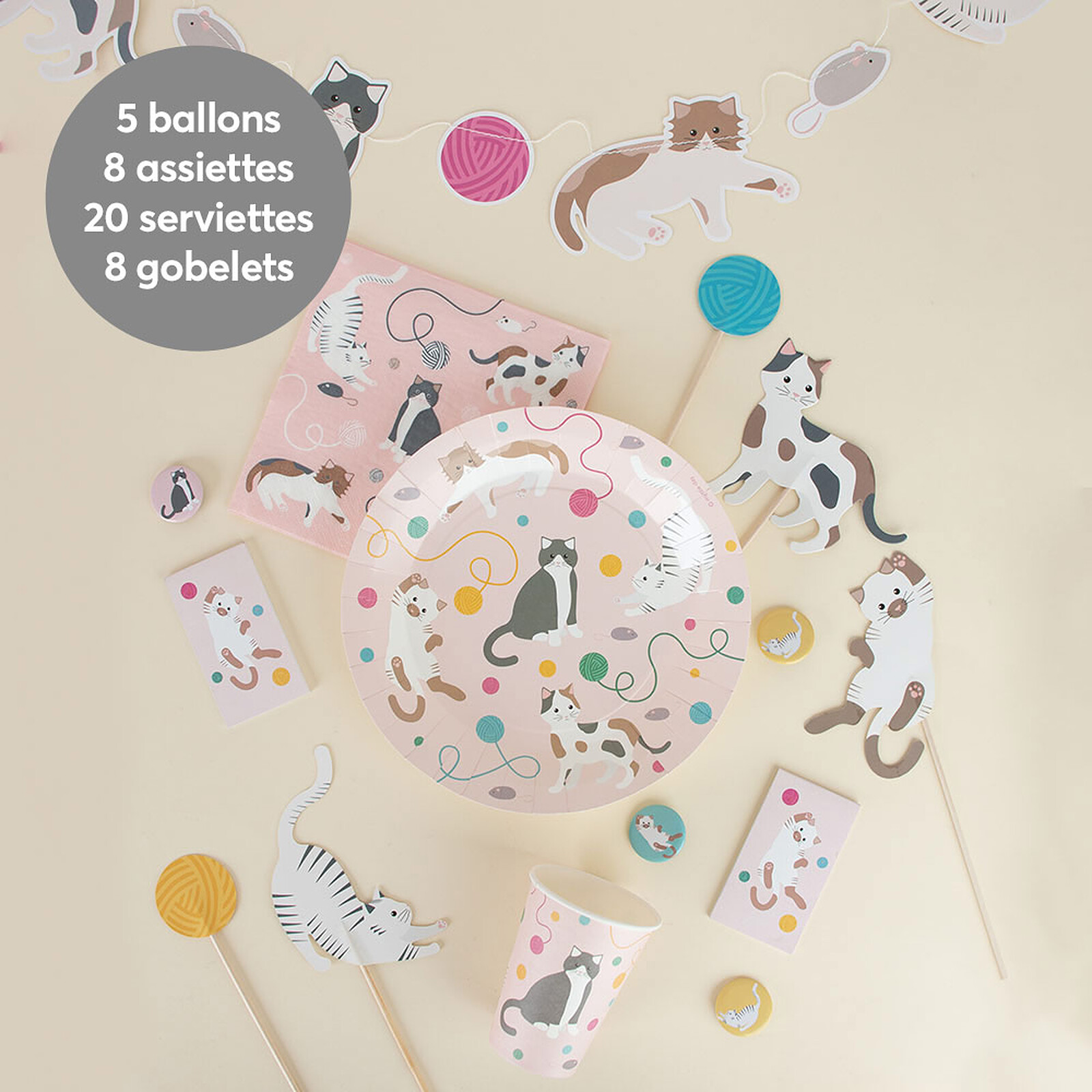 Décoration Fête Anniversaire Chat - Kit 93 Pièces (ballons, Assiettes, Nappe, Bannière...) Thème Chaton