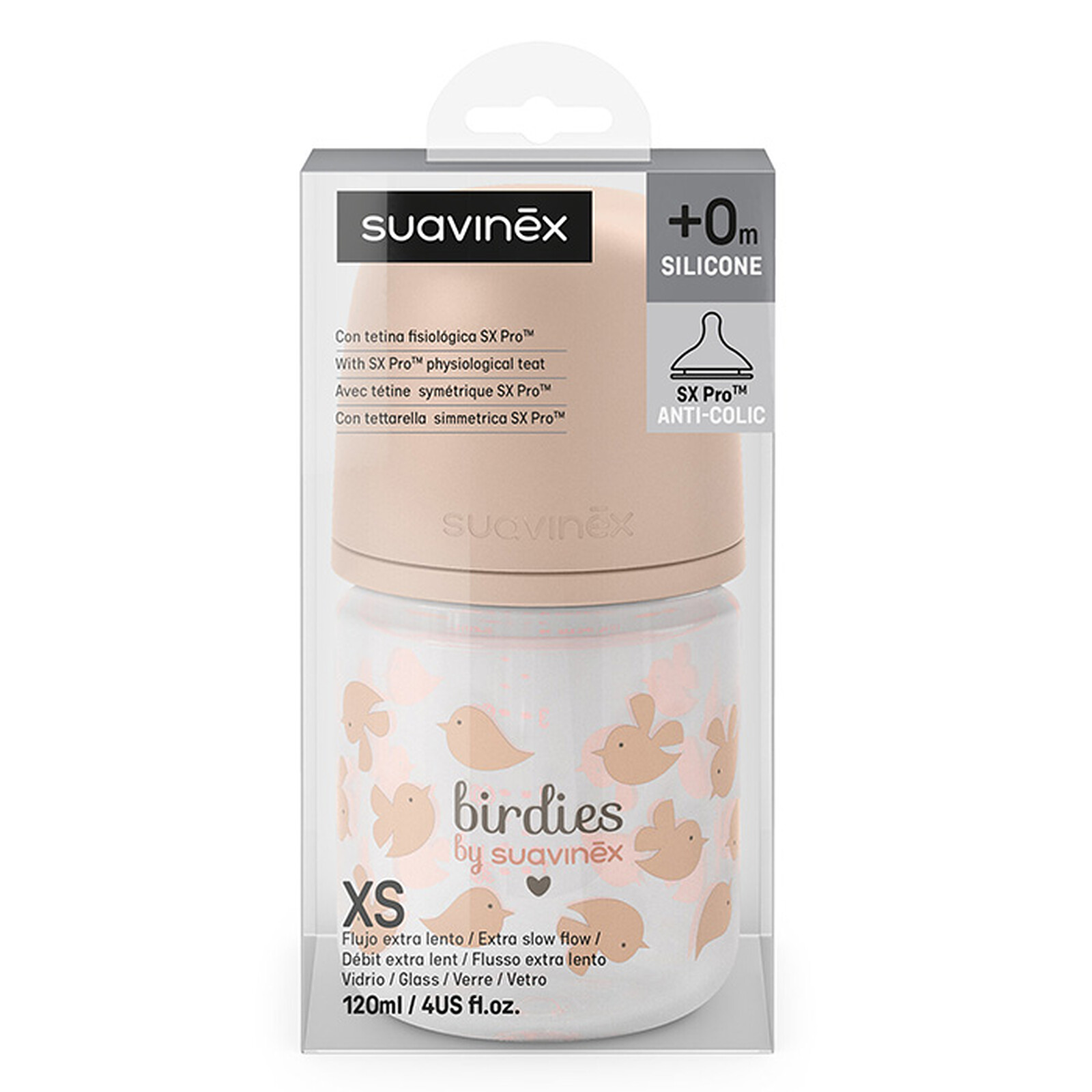 Biberon Verre Tétine Symétrique SX Pro Birdies Rose - 120 ml Suavinex