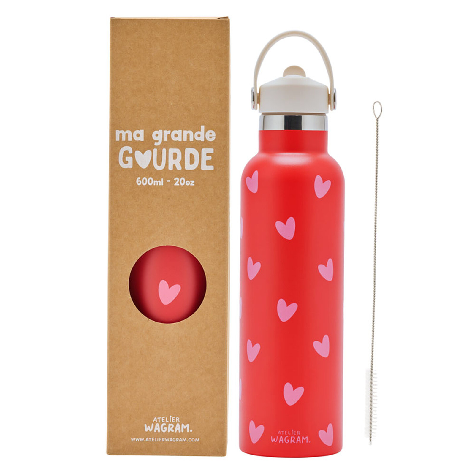 Gourde Inox Rouge Coeurs Rose - 600 ml   Atelier Wagram