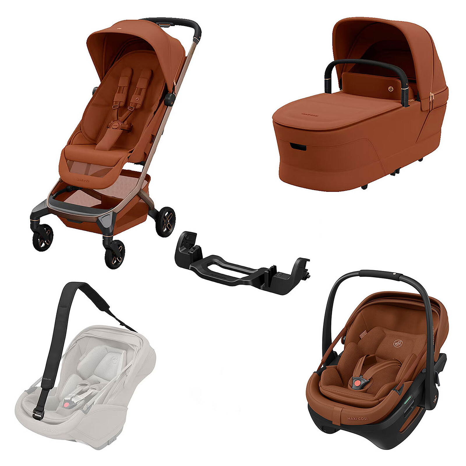 Poussette Trio Fame Cabin - Siège Auto Coral Slide Pro i-Size Groupe 0+ - Nacelle Fame Cabin - Sangle de Transport Coral Slide Pro - Adaptateur Fame Coral Slide Pro - Copper Terra Maxi-Cosi