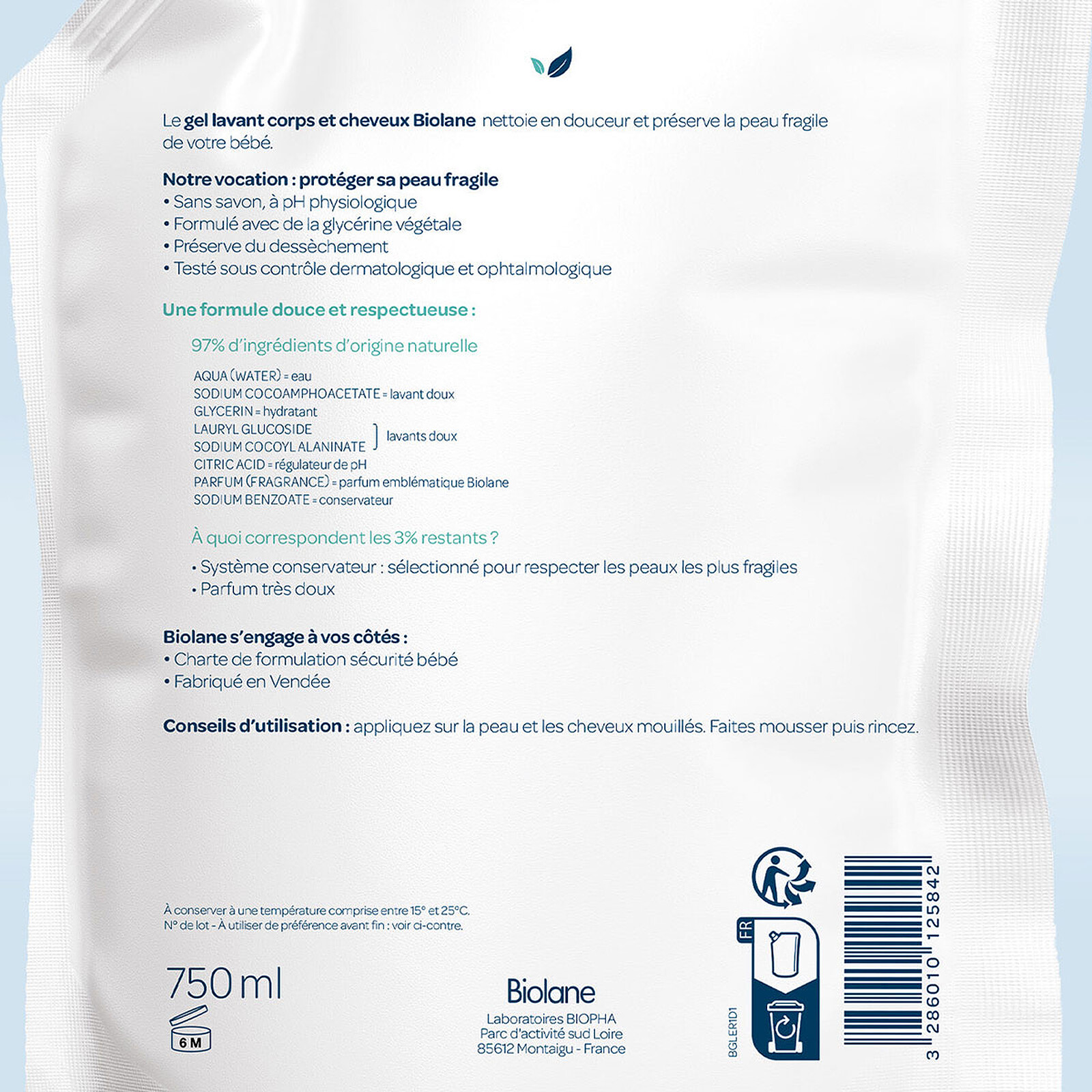 Eco-recharge Gel Lavant Corps et Cheveux 2-en-1 - 750 ml Biolane