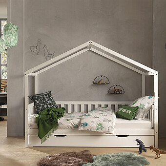 Lit Maison Dallas avec Barrière et Tiroir Blanc - 90 x 200 cm