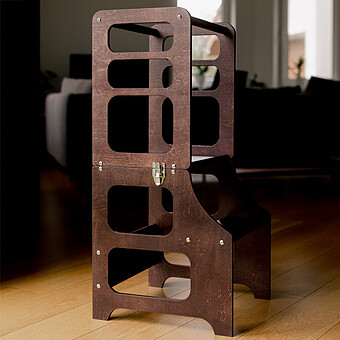 Tour de Cuisine Pliable en Bouleau Avec Kit Chaise Haute - Brun Expresso