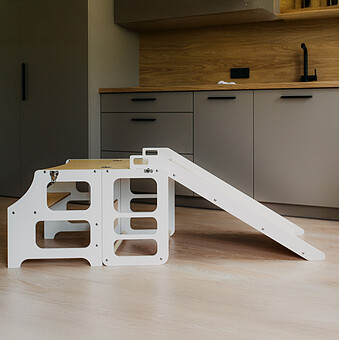 Tour de Cuisine Pliable en Bouleau avec Toboggan - Blanc