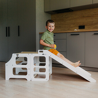 Tour de Cuisine Pliable en Bouleau avec Toboggan - Blanc