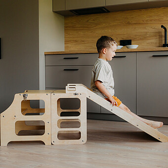 Tour de Cuisine Pliable en Bouleau avec Toboggan - Naturel