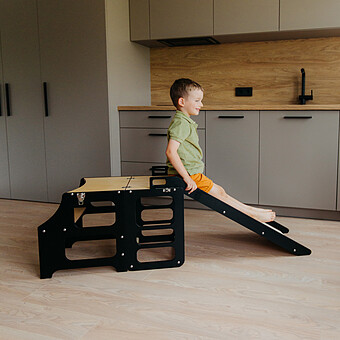 Tour de Cuisine Pliable en Bouleau avec Toboggan - Noir