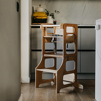 Tour de Cuisine Pliable en Bouleau Avec Kit Chaise Haute - Naturel