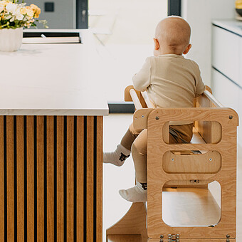 Tour de Cuisine Pliable en Bouleau Avec Kit Chaise Haute - Naturel