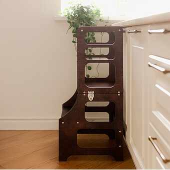 Tour de Cuisine Pliable en Bouleau Avec Kit Chaise Haute - Brun Expresso