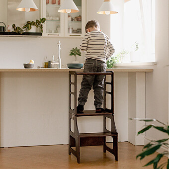 Tour de Cuisine Pliable en Bouleau Avec Kit Chaise Haute - Brun Expresso