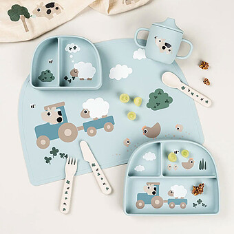 Assiette Stick & Stay Compartimentée - Tiny Farm Bleu