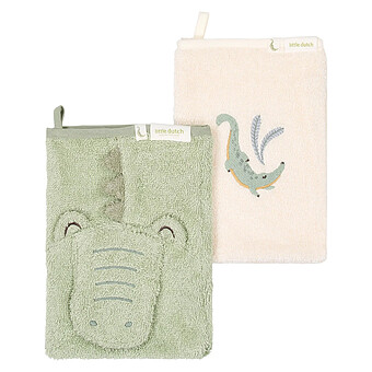 Lot de 2 Gants de Toilette Brodés - Crocodile Vert