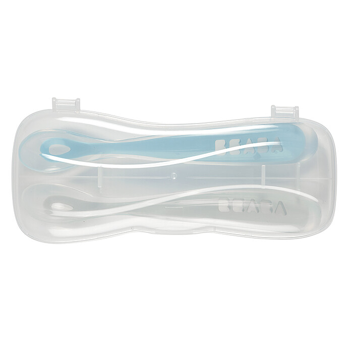 Béaba - Lot De 2 Cuillères Bébé En Silicone Souple - Dès 4 Mois - Bout Arrondi Et Manche Long - Coffret De Transport