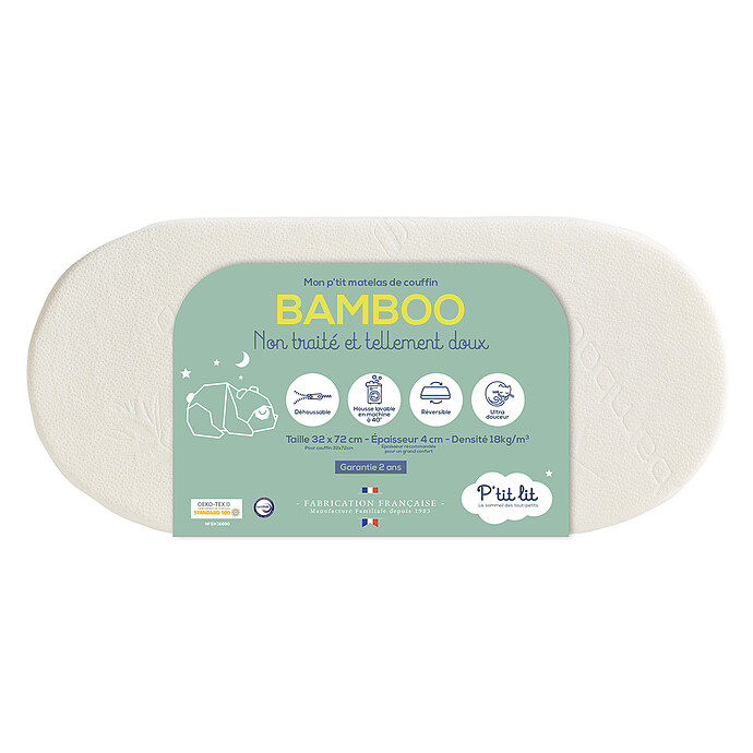 Matelas Mon P'tit Matelas de Couffin Bambou Déhoussable - 32 x 72 cm P'tit Lit