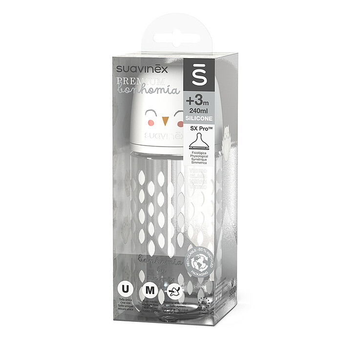 Biberon Verre Tétine Symétrique SX Pro Bonhomia Gris - 240 ml Suavinex