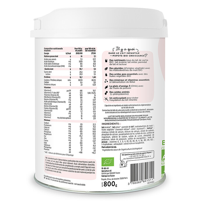 Lait 3ème Âge Croissance Bio - 800 g Popote