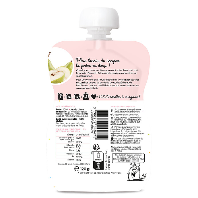 Gourde Repas Bio Poire - 120 g Popote