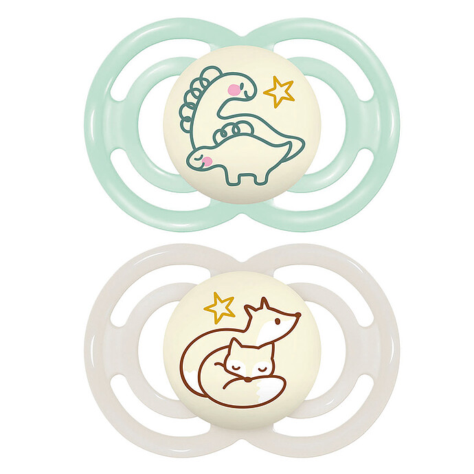 Lot de 2 Sucettes Perfect Nuit Dinosaures et Renards - 6 Mois + MAM