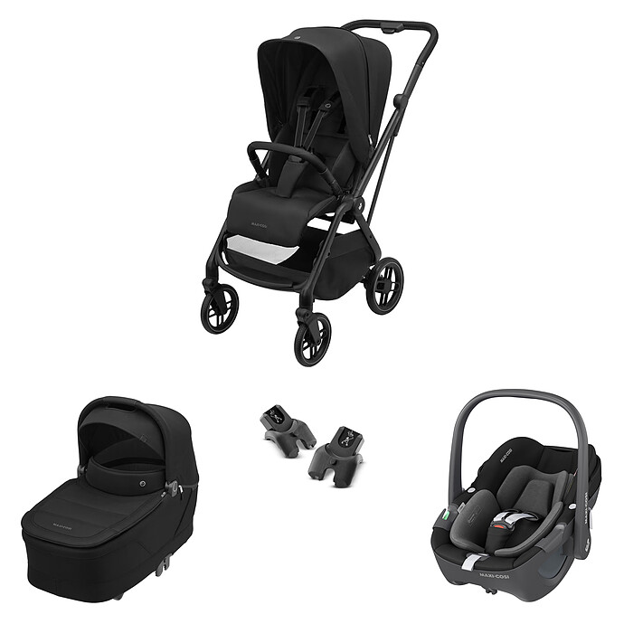 Poussette Trio Leona² - Siège Auto Pebble 360 i-Size Groupe 0+ - Nacelle Sense - Twillic Black & Essential Black Maxi-Cosi