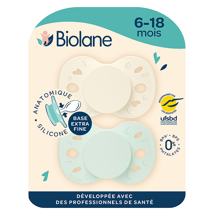 Lot de 2 Sucettes Anatomiques Essentielle Vert et Beige - 6/18 Mois Biolane
