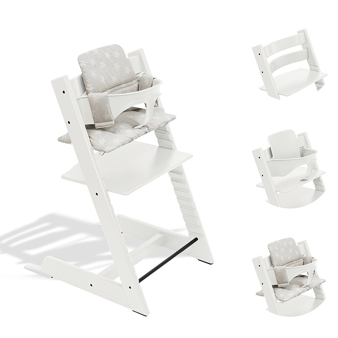 Chaise Haute Tripp Trapp avec Baby Set et Coussin Classic - Blanc et Stars Silver Stokke