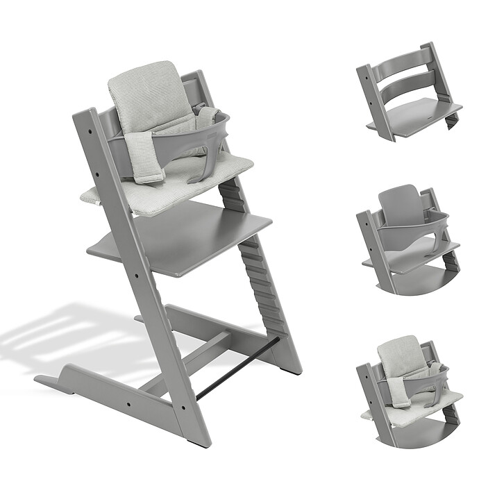 Chaise Haute Tripp Trapp avec Baby Set et Coussin Classic - Gris Tempête et Nordic Grey Stokke
