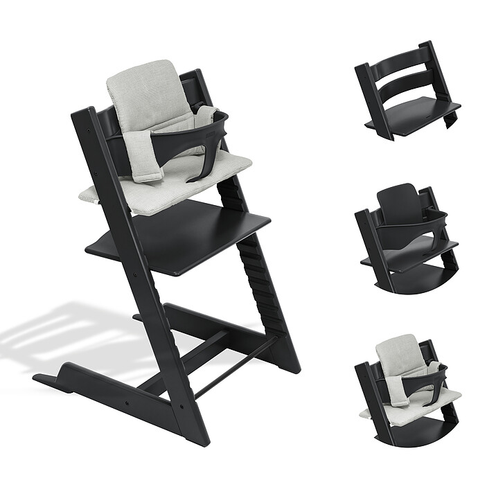 Chaise Haute Tripp Trapp avec Baby Set et Coussin Classic - Noir et Nordic Grey Stokke