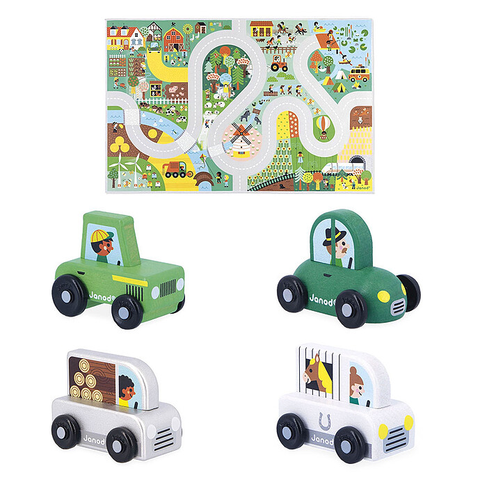 Pack Tapis Campagne et 4 Voitures - Cross Roads Janod