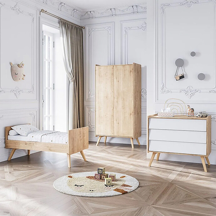 Chambre Trio Vintage 70 x 140 cm - Chêne et Blanc Vox Meubles