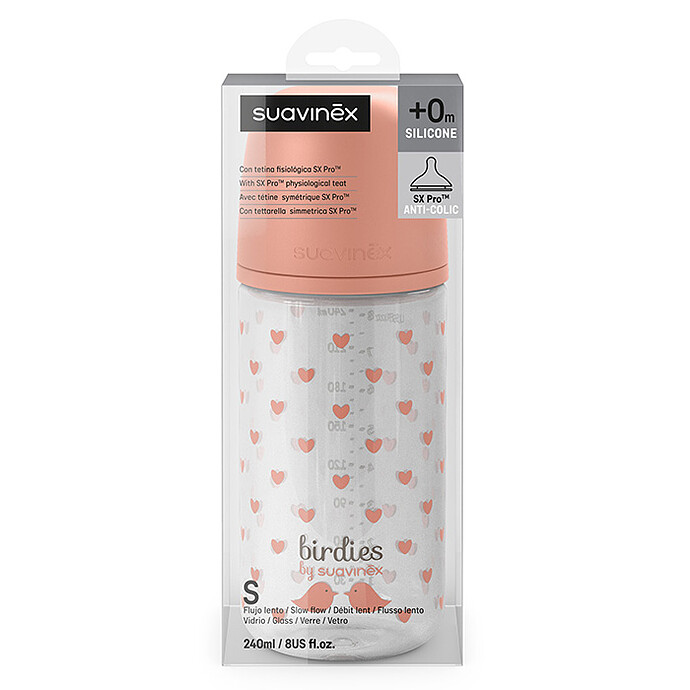 Biberon Verre Tétine Symétrique SX Pro Birdies Rose - 240 ml Suavinex