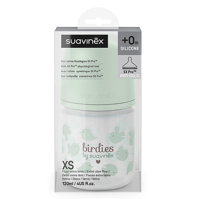 Biberon Verre Tétine Symétrique SX Pro Birdies Vert - 120 ml Suavinex