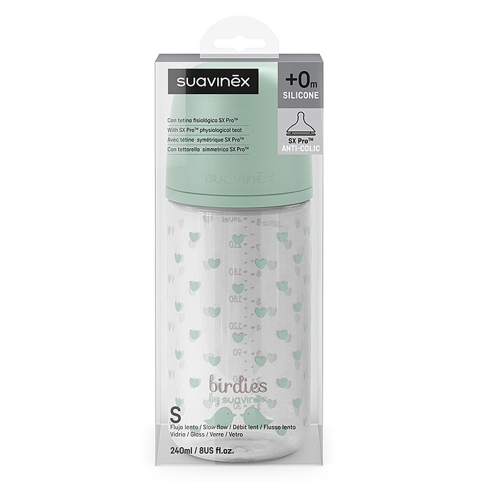 Biberon Verre Tétine Symétrique SX Pro Birdies Vert - 240 ml Suavinex