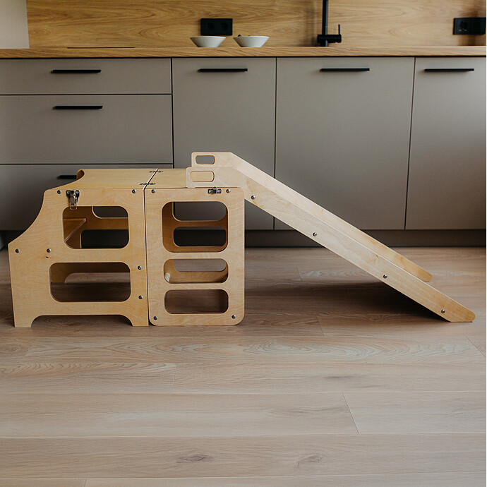 Tour de Cuisine Pliable en Bouleau avec Toboggan - Naturel Duck Woodworks