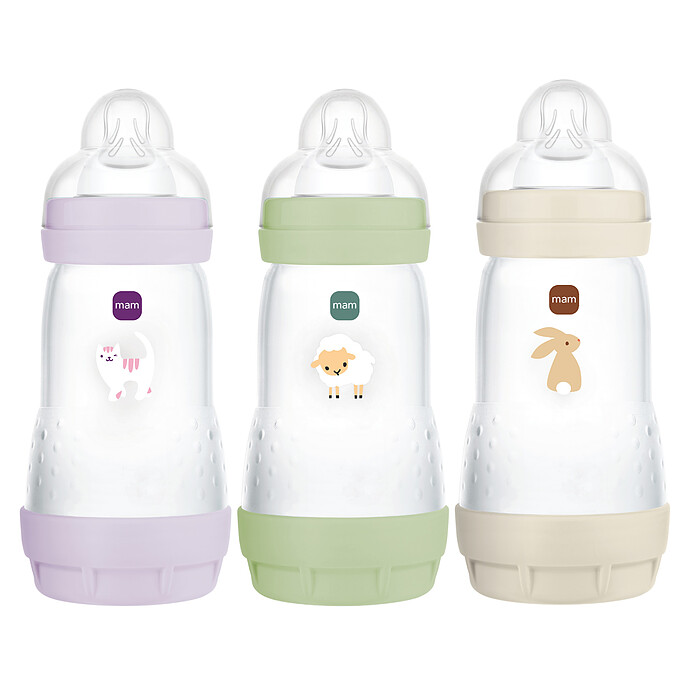 Lot de 3 Biberons Anti-coliques Easy Start Lilas, Vert et Sable - 260 ml MAM