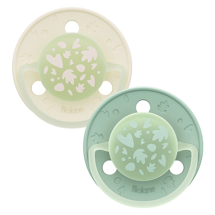 Lot de 2 Sucettes Rondes Nuit Vert et Beige - 6 Mois + Biolane