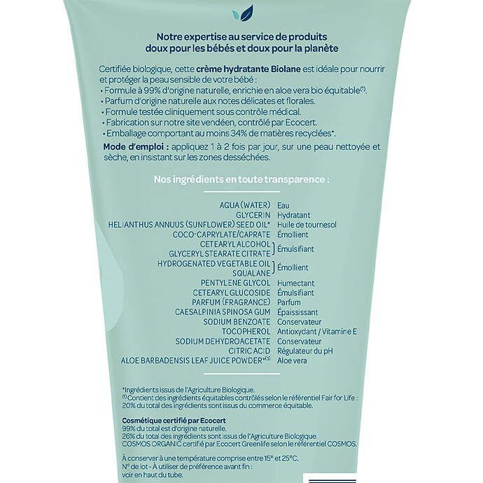 Crème Hydratante Biologique - 100 ml Biolane