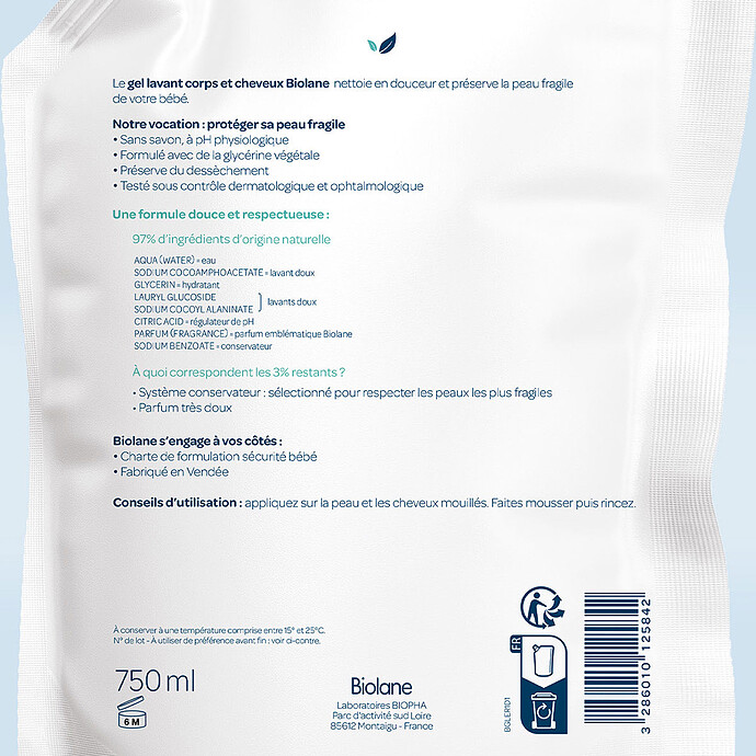 Eco-recharge Gel Lavant Corps et Cheveux 2-en-1 - 750 ml Biolane