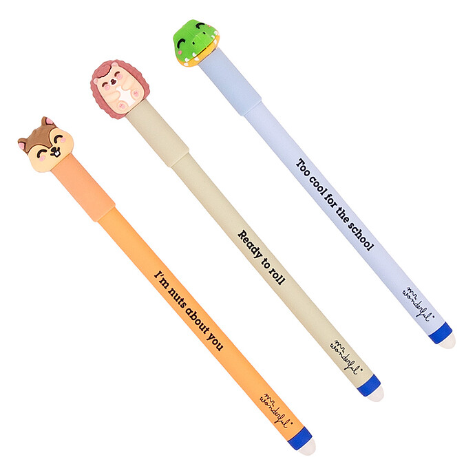 Lot de 3 Stylos Effaçables Bo-Bo - Écureuil, Hérisson et Crocodile Mr Wonderful