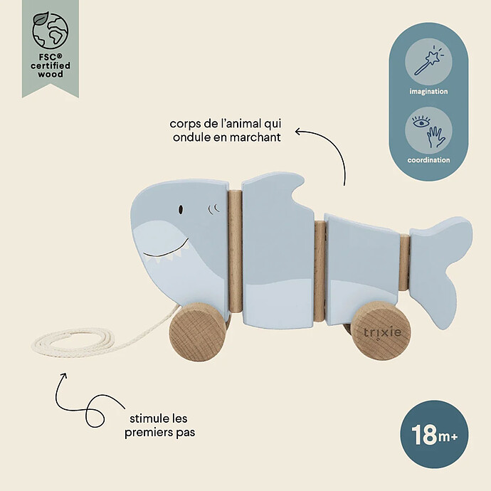 Jouet à Tirer Ondulant en Bois - Mr. Shark pas cher