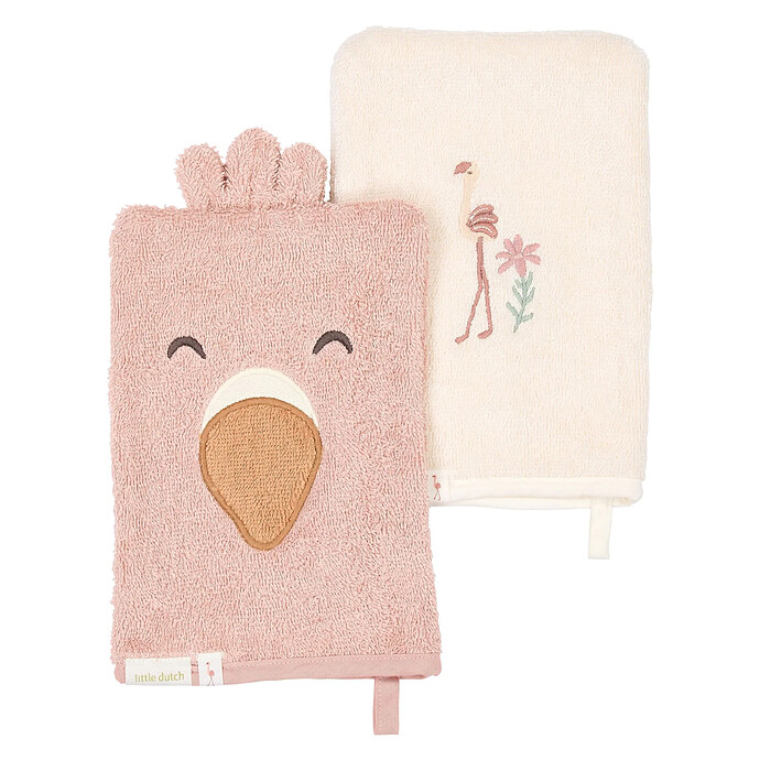 Lot de 2 Gants de Toilette Brodés - Flamingo Rose Little Dutch
