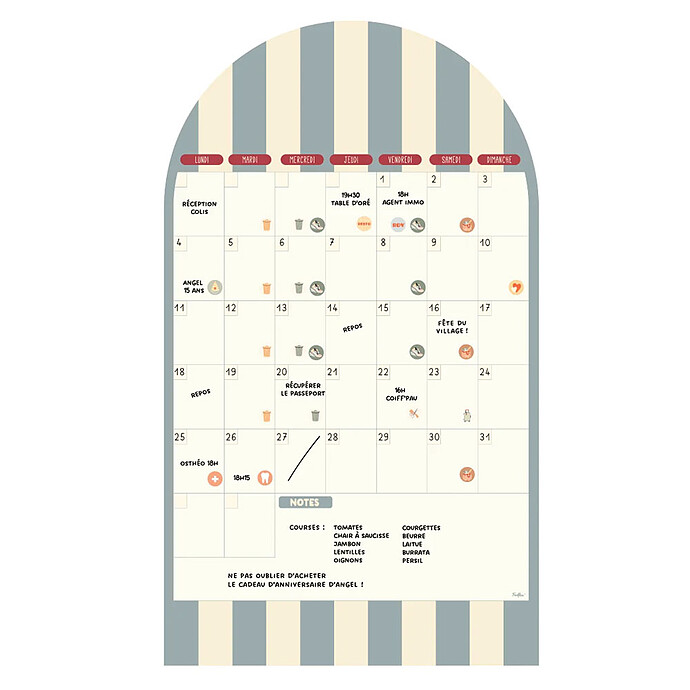 Calendrier Mensuel Perpétuel Magnétique Arche - Rayures Bleu Ferflex