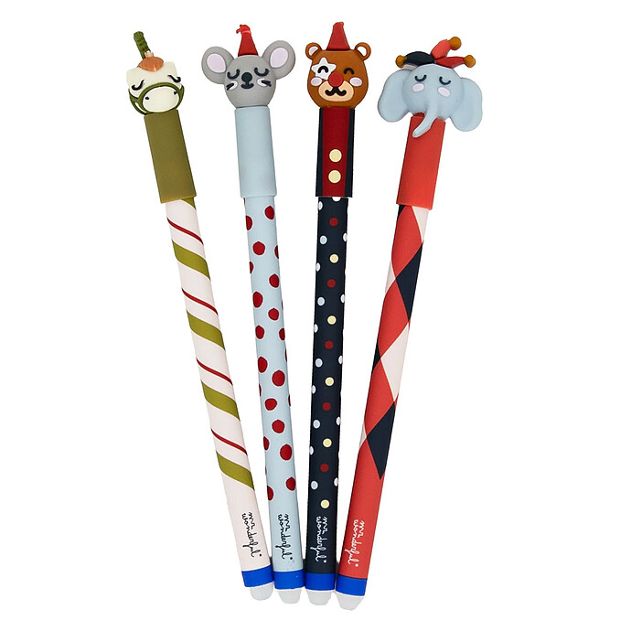 Lot de 4 Stylos Effaçables Bo-Bo Circus - Twirly, Pip, Risoso et Elefunny Mr Wonderful